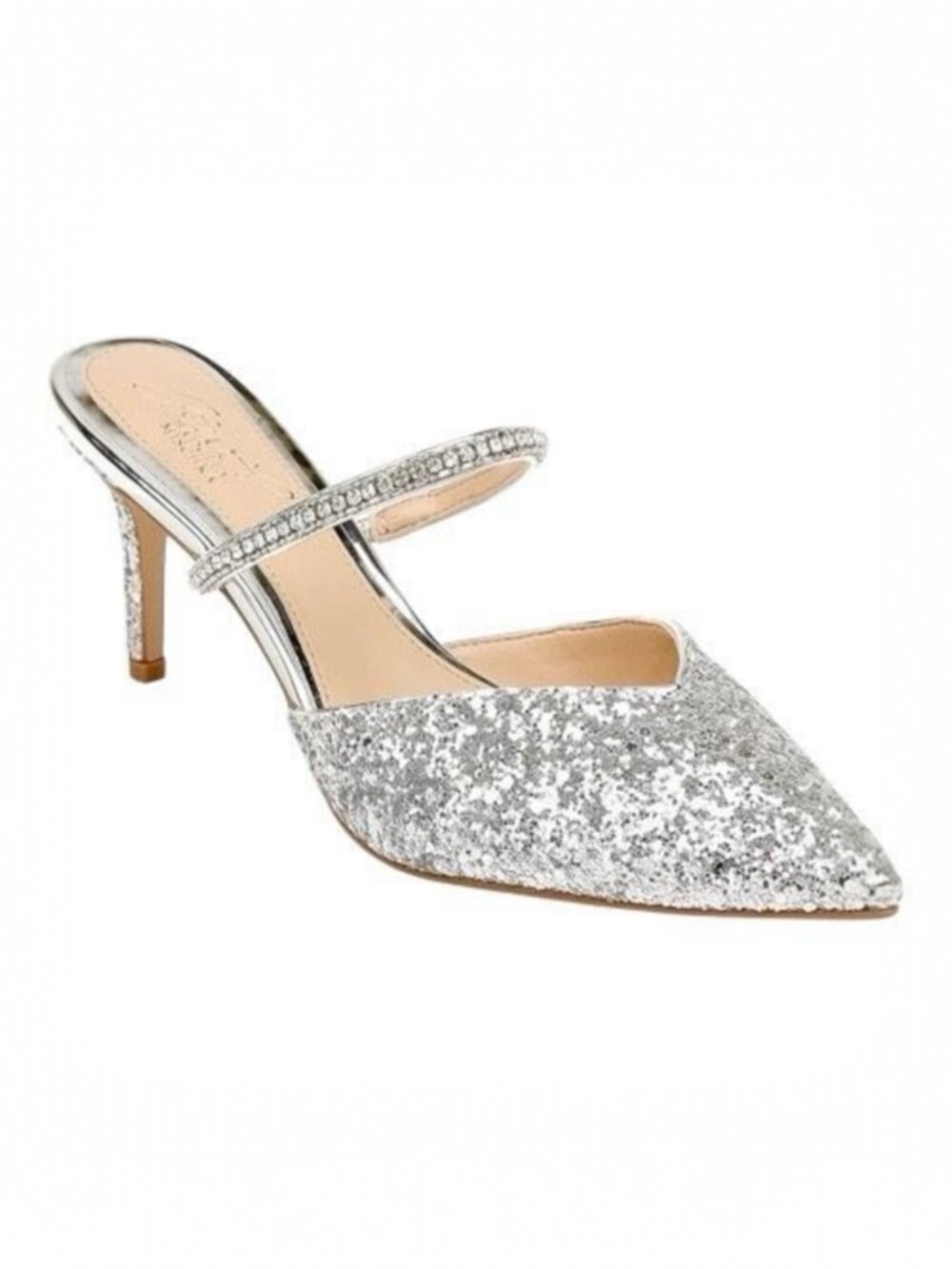 Jewel Badgley Mischka Jan Silver Glitter Pointed Toe Evening Mules Size 7.5‎